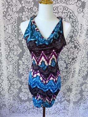 Misope Teal, Purple & Black Abstract Print Mini Slinky Party Dress